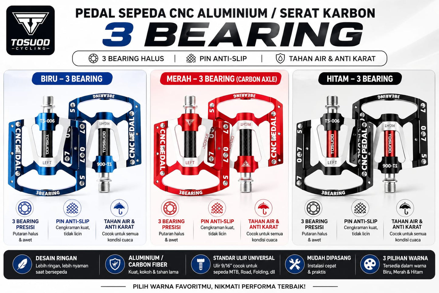 Pedal 3 Bearing sepeda tusedo