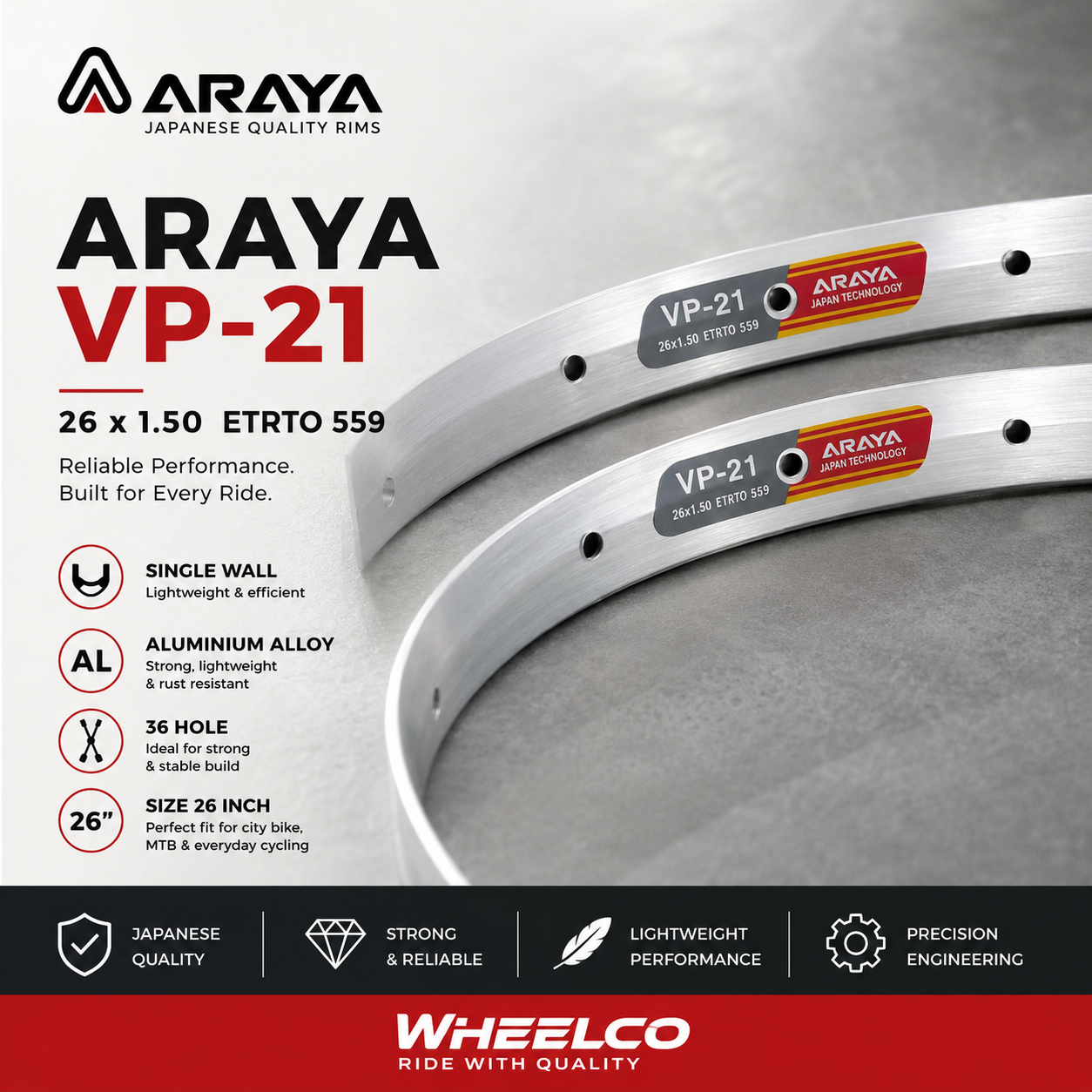 Araya Rim 20 inch Single Wall VP21 Silver 36 Hole